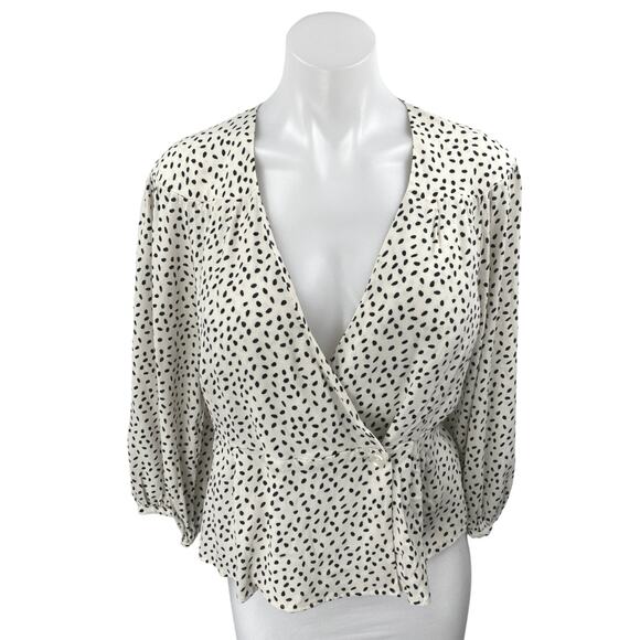 MNG Mango White Black Long Sleeve Button V Neck Wrap Peplum Blouse Top Size 6 - Picture 1 of 4